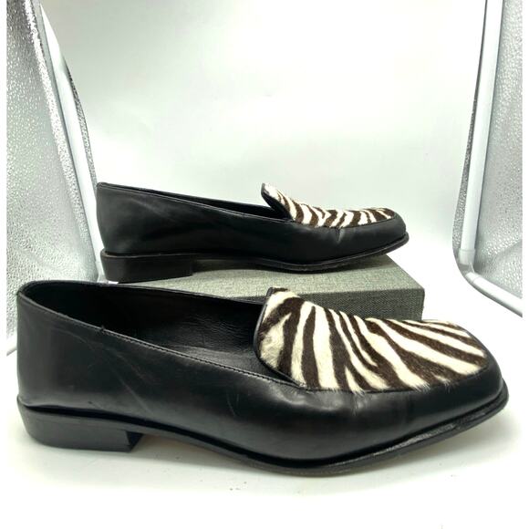 Talbots Loafer Italy Black Leather‎ Calf hair zebra print Square toe Women  7 - Picture 1 of 8